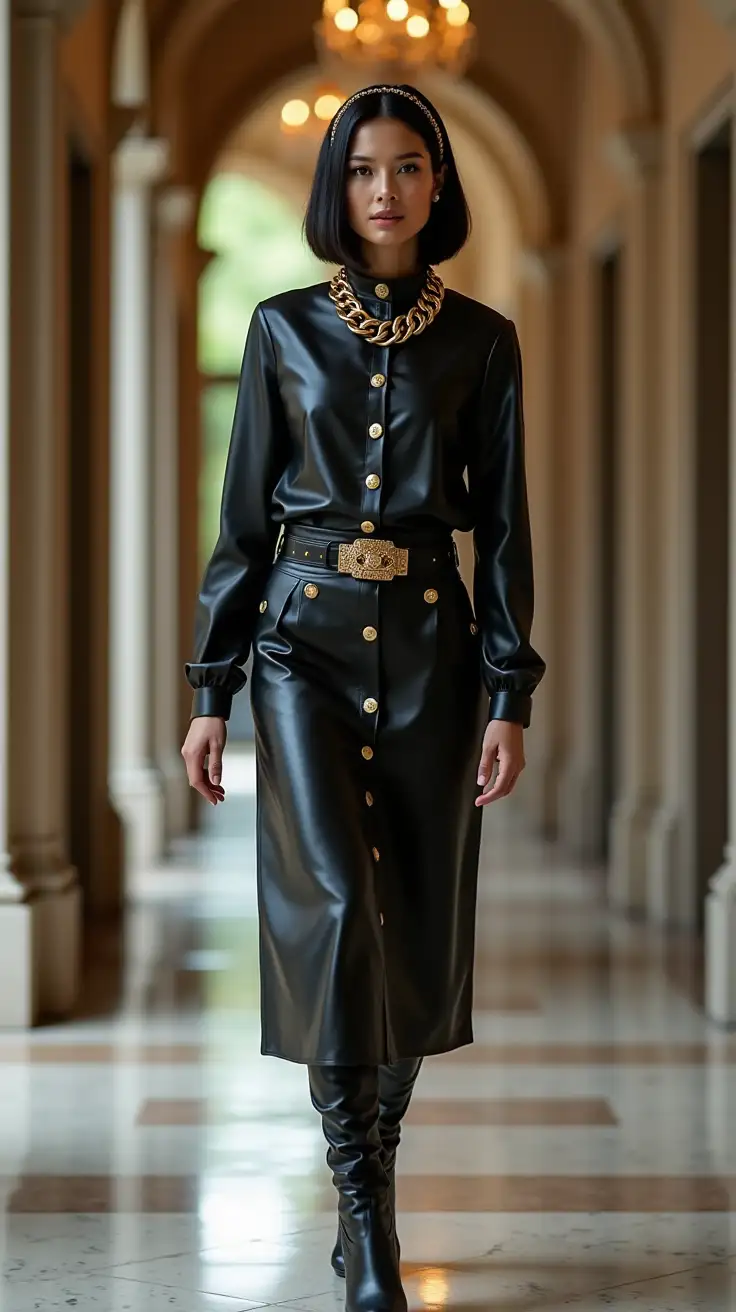 High business woman with black bob haircut and gold hairband walking through jer bright marble home. Dressed in her black leather turtle neck buttoned up blouse adorned with golden ornaments and gold buttons.full length black leather skirt with golden belt. Black knee high shiny leather boots. Golden chain link necklace around her neck Full body view. n