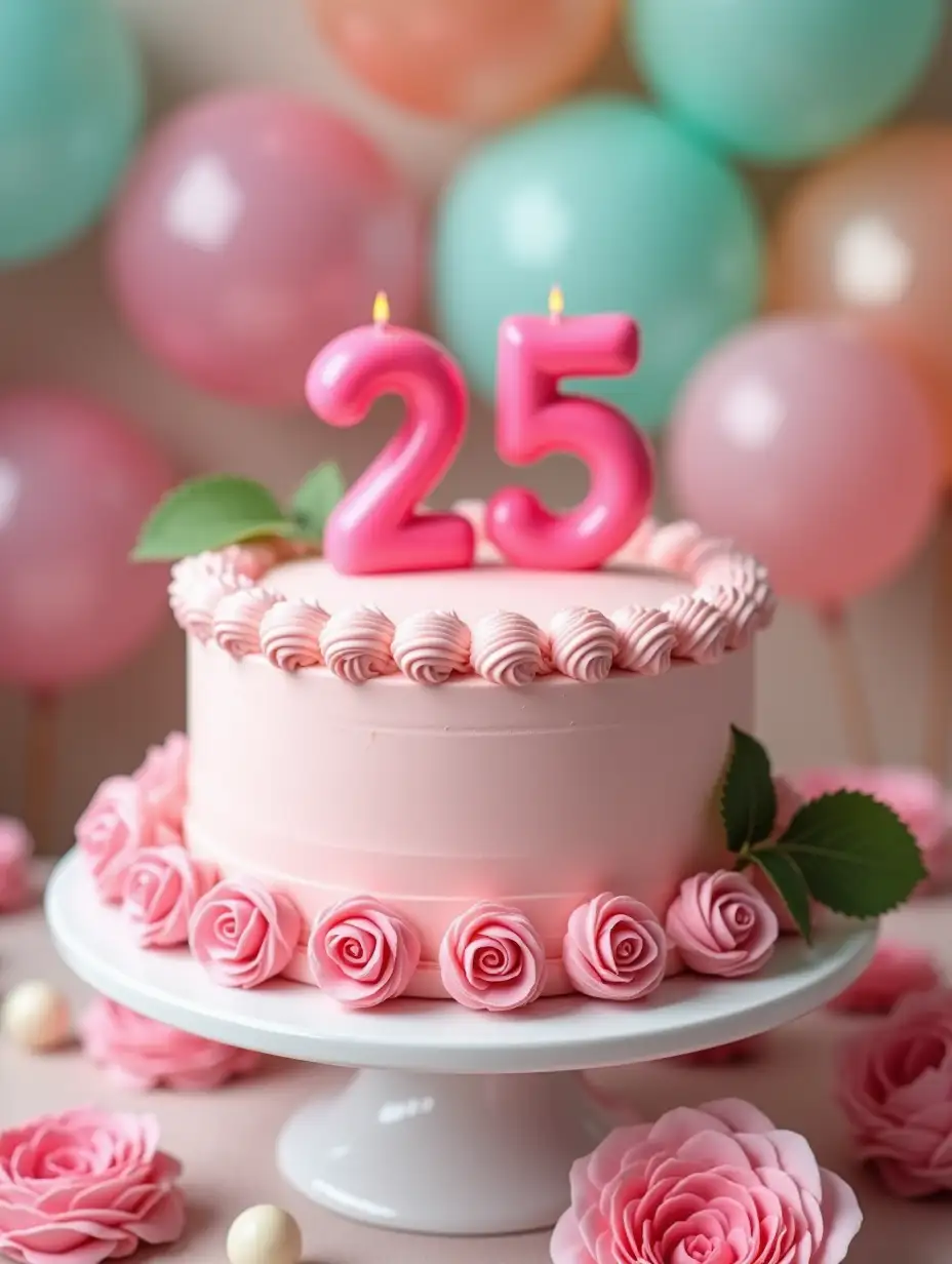 A photo of a pink birthday cake with a decorative border and pink roses. There is a large pink candle with the number 25 on top of the cake. The cake is placed on a white stand. There are pink and white flowers around the cake. In the background, there are colored balloons. There is a green leaf on the cake. The overall scene has a vintage vibe.