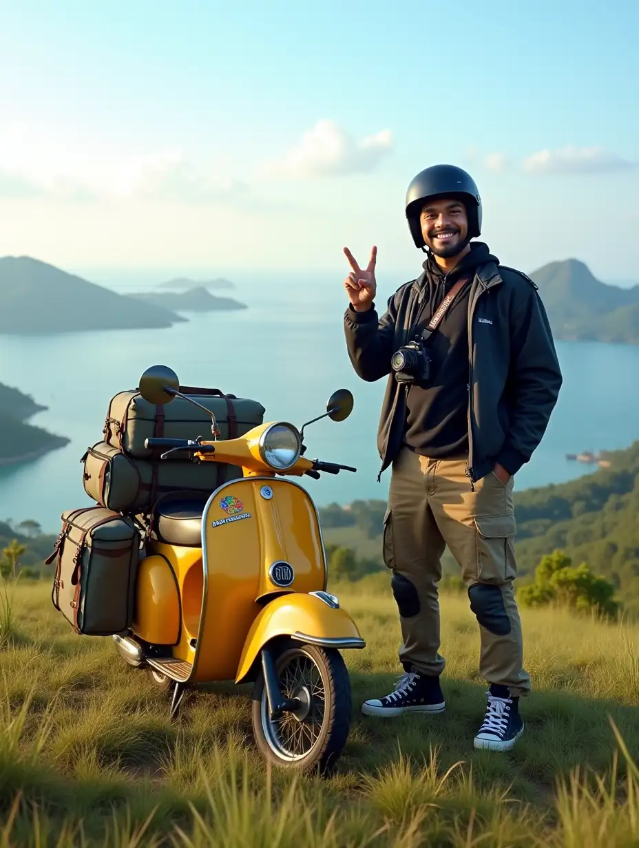 A photorealistic image of a young Indonesian man standing on a grassy hill, smiling warmly at the camera while making a casual hand gesture (peace or 'rock on' sign) with his right hand. He is wearing a black helmet, a black jacket, khaki cargo pants with knee patches, and black high-top Converse sneakers. He has a small camera slung across his shoulder. Next to him is a yellow classic Vespa scooter heavily loaded with camping gear—large bags strapped securely to the back and sides. The Vespa is decorated with colorful travel stickers on the front shield, giving it a well-traveled, adventurous look. In the background, there is a breathtaking view of rolling green hills and a calm blue sea with small islands scattered across the water. The sky is bright and clear, painted in soft blue hues with faint white clouds, suggesting a beautiful late afternoon or early evening. The atmosphere is bright, adventurous, and free-spirited, emphasizing a sense of journey and exploration. The lighting is natural, casting soft golden-hour tones that enhance the vividness of the grass, the scooter’s bright yellow, and the man's relaxed, joyful expression. Captured in sharp focus with a cinematic wide angle, the scene feels both intimate and expansive.