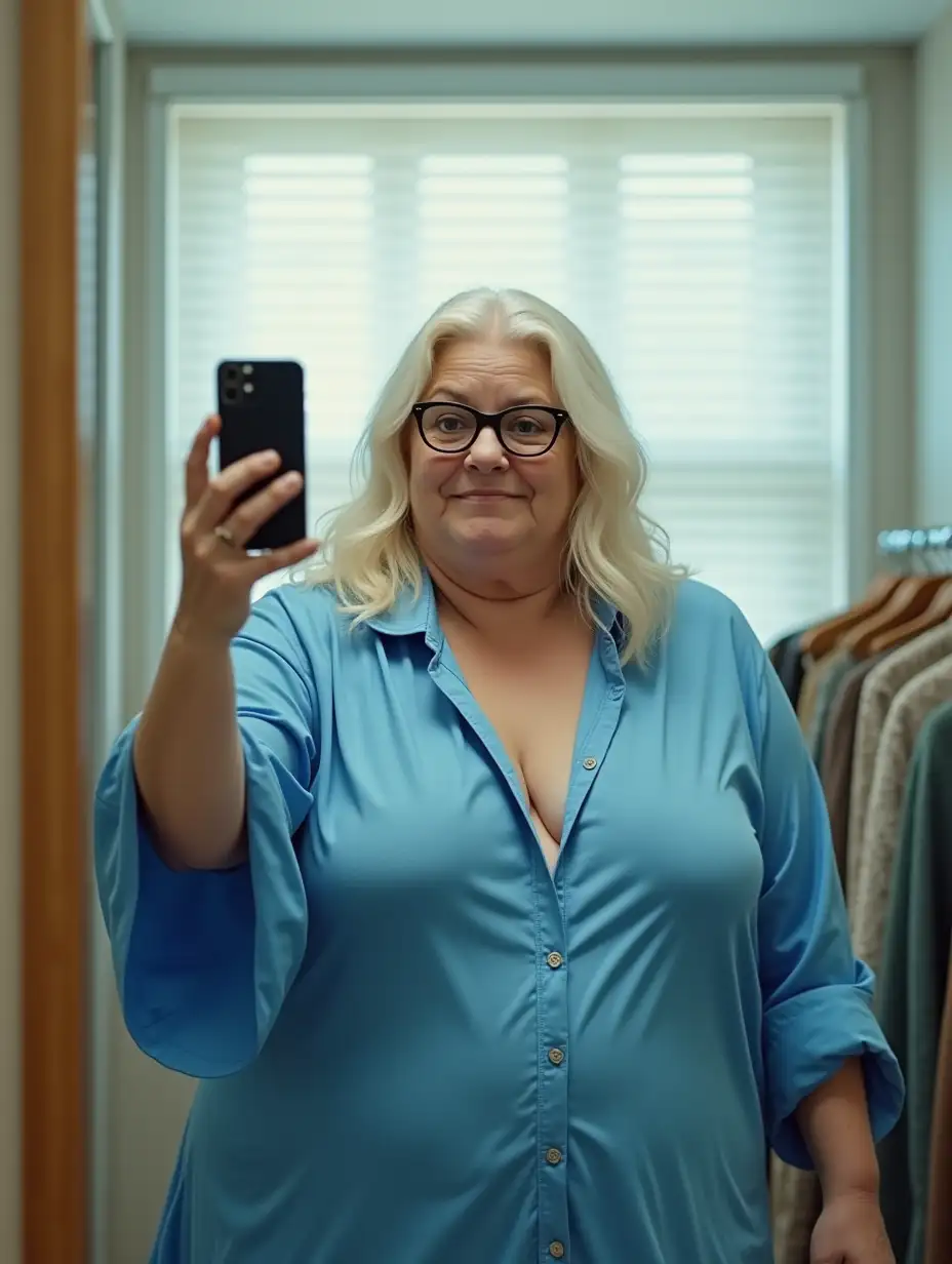 FullBody-Mirror-Selfie-of-Older-Woman-in-Store-Fitting-Room-with-Platinum-Blonde-Hair