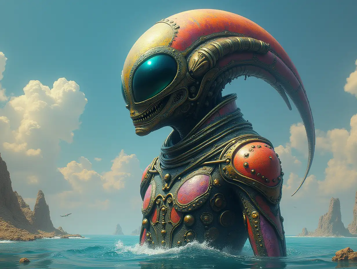 Hyperrealistic portrait of a gpanzerter metal alien king 10 meters tall with small /alien and the elaborately detailed, colorful  water planet background