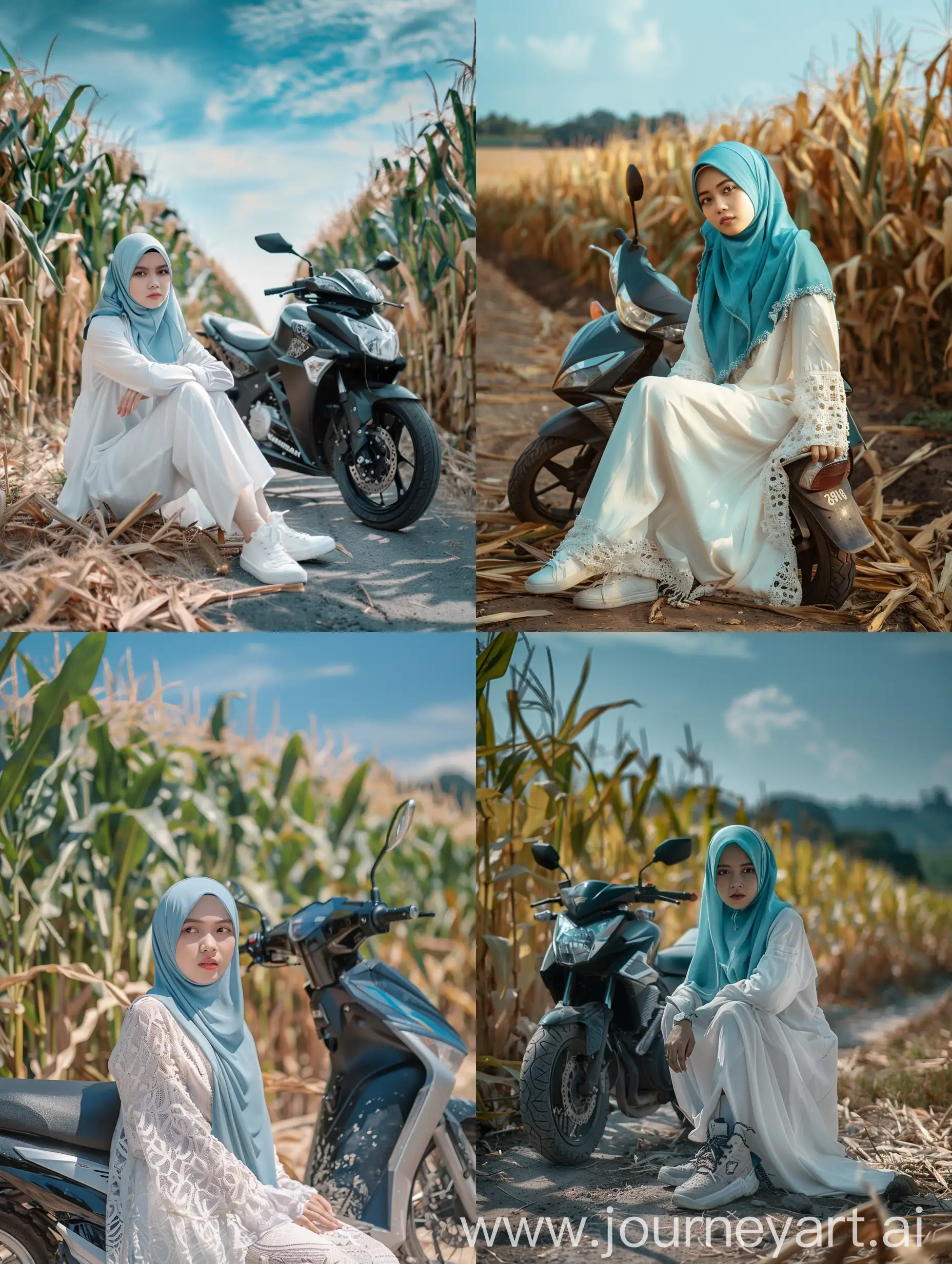 Indonesian-Woman-in-Kebaya-Sitting-by-Motorcycle-in-Cornfield