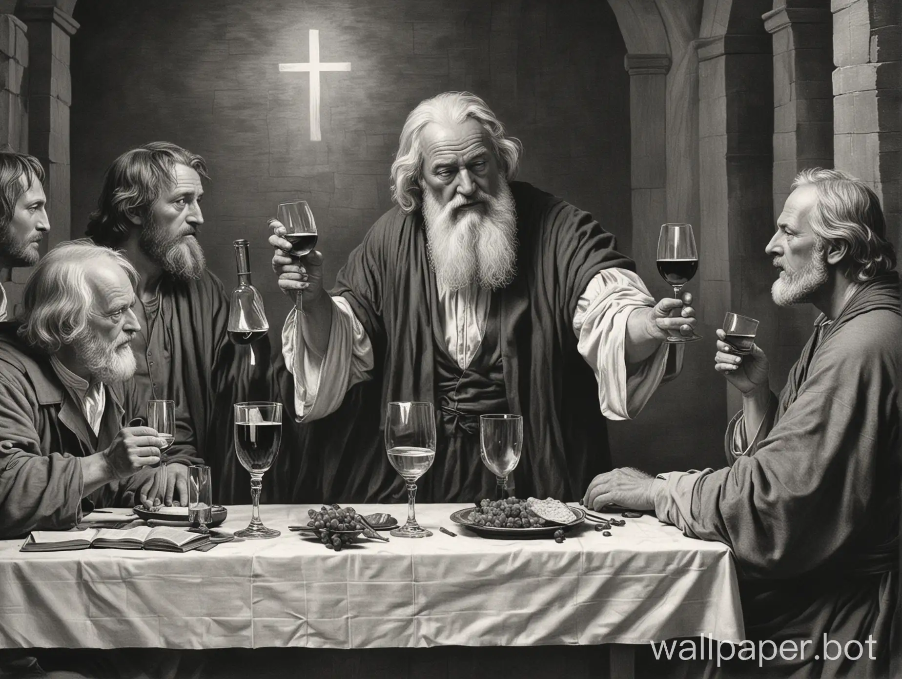 Moses having a wine with Hegel and Jesus in a style of black and white drawing of the 19th century