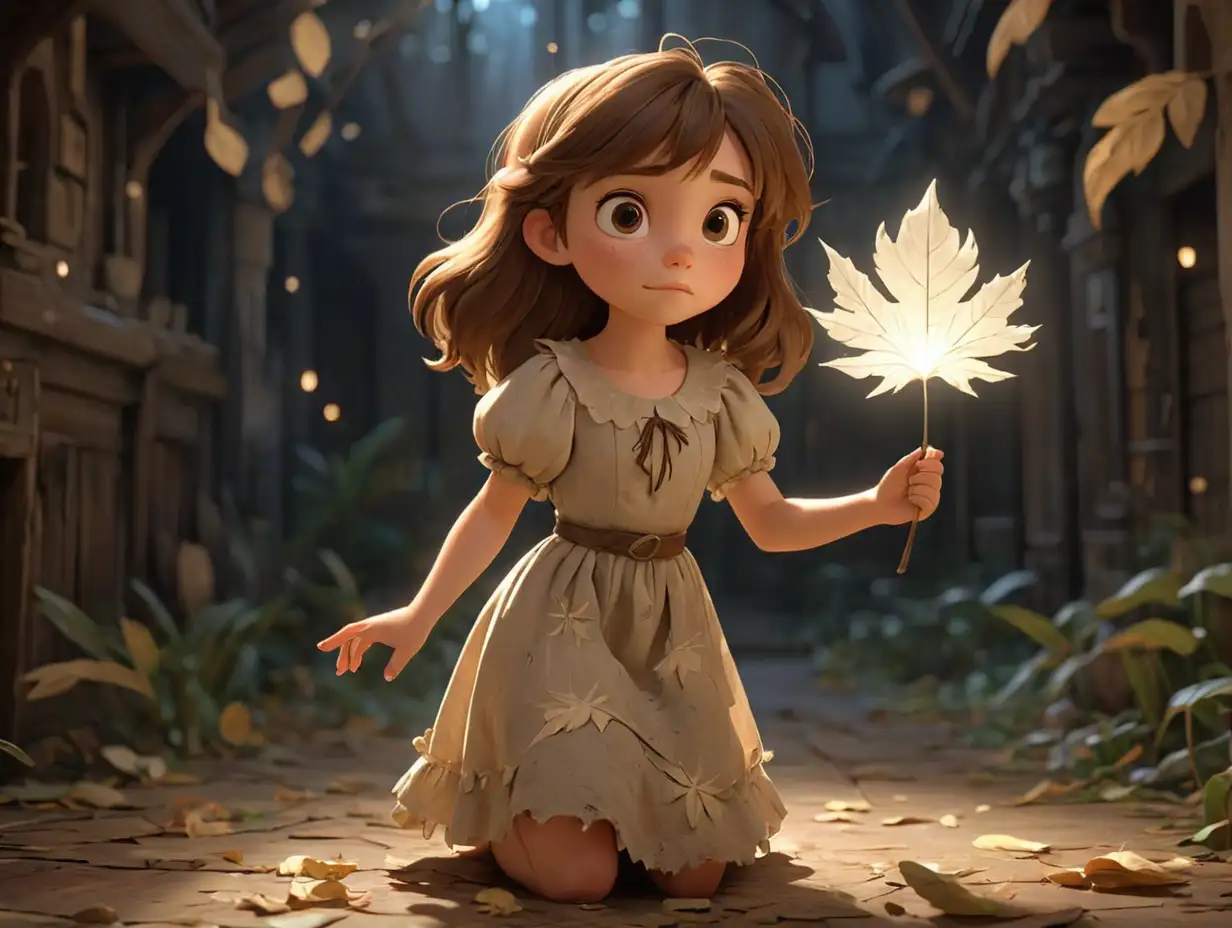 A wide-angle, distant view shows a young girl with brown hair, wearing an old, tattered dress, holding a glowing white leaf in her hands, with light radiating from it, 3d disney inspire