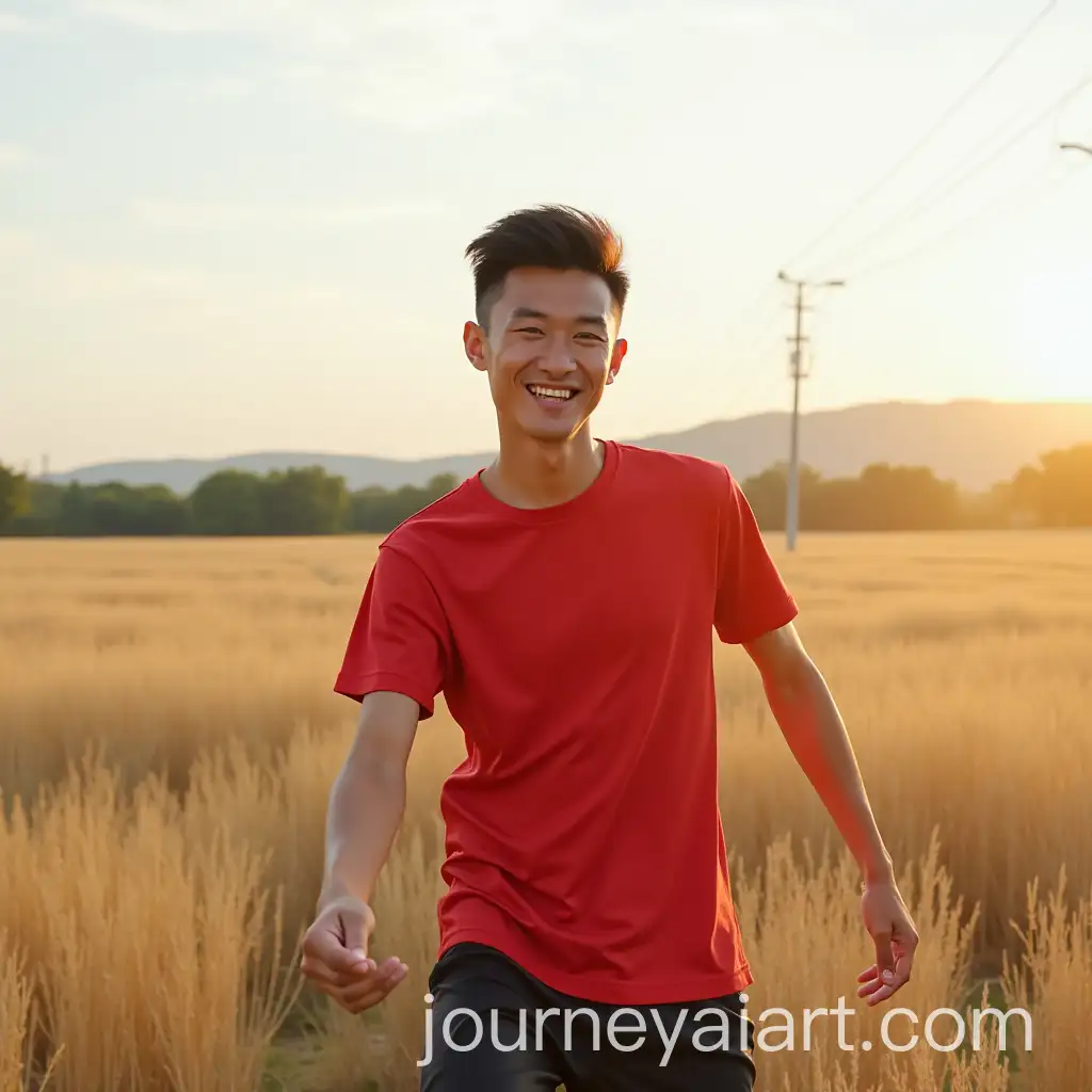 Dynamic-Asian-Boy-in-Red-TShirt-Posing-in-a-Lush-Field