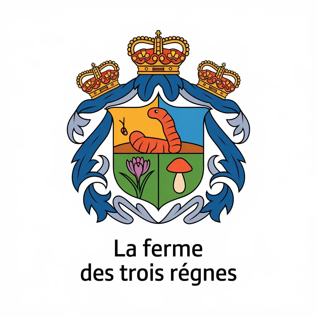 LOGO-Design-for-La-Ferme-des-Trois-Rgnes-Majestic-Crowns-Earthworm-Crocus-and-Mushroom-Emblem