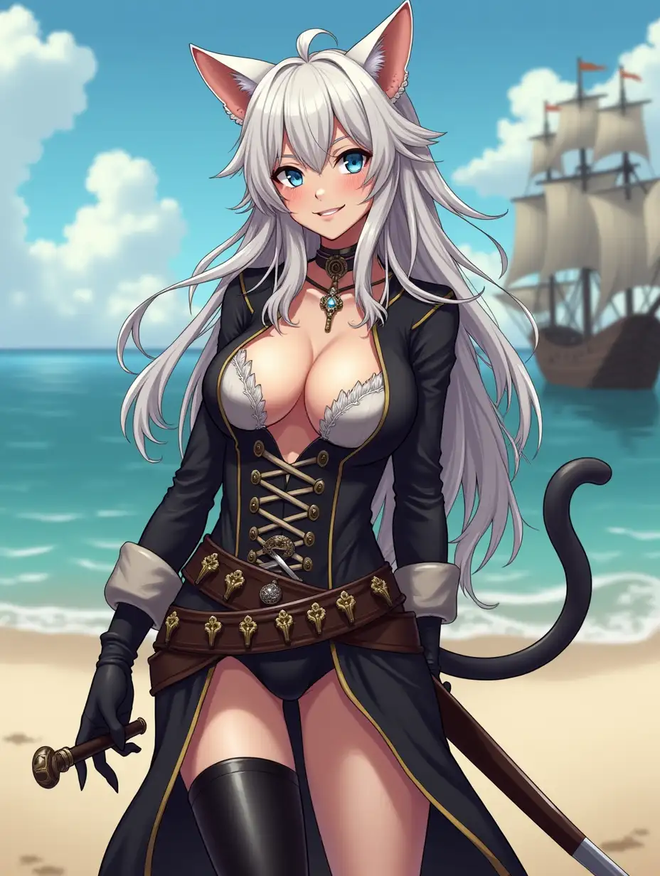 A mature adult feline/woman dressed as a pirate with a sword on a beach.  A pirate ship in the background. Her 30-something years are disguised by her youthful facial features, except for her subtle wrinkles around the eyes, extremely slender body. Her ample bosom strains against her clothing, threatening to burst free from the fabric, extreme cleavage.  Wearing black thigh high pirate boots. She has piercing blue cat eyes. A choker adorns her neck, a subtle hint at her feline nature. Her long, white hair cascades down her back like a wild waterfall, tangled and disheveled. Her cat-like teeth glint in the light, as her white fur-lined ears punctuate her visage with sparkling black and gold earring adorns each ear, adding a touch of elegance to her feline features. Cat whiskers on her face. The attached tail at the base of her spine stirs lazily.  Long fingernails. Full body view. Anime.