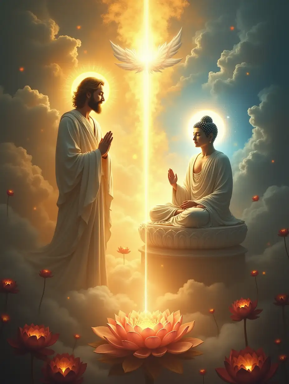 A mystical and sacred painting depicting God and Buddha appearing together in a radiant, divine scene. On one side, God stands with a glowing golden halo, wearing a flowing white robe, his face gentle and compassionate, emanating a warm, holy light. On the other side, Buddha sits in a meditative pose upon a lotus throne, surrounded by an aura of golden and blue light, symbolizing enlightenment and ultimate peace. The background blends the celestial heavens and Nirvana, with golden clouds, floating angels, and ethereal lotus flowers drifting through the air. A beam of divine light connects the two figures, representing the harmony between compassion and wisdom. The art style combines surreal realism and traditional religious painting, featuring luminous colors and intricate details to create a majestic and spiritual atmosphere