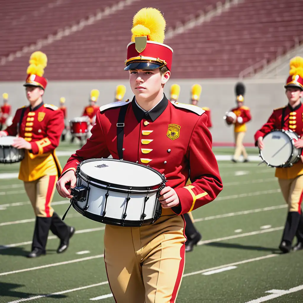 College-Age-Male-Drummer-in-Red-and-Yellow-Uniform-on-Football-Field