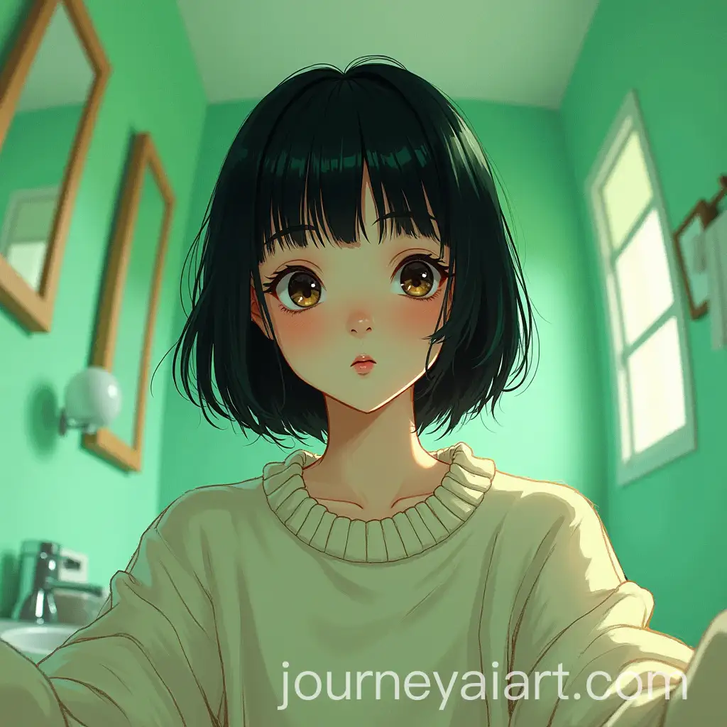 Girl-with-Short-Black-Hair-in-a-Green-Vibe-Bathroom