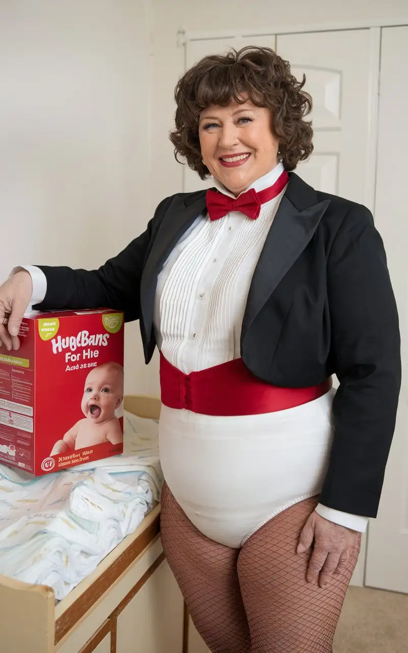 Caucasian-Woman-in-Tuxedo-Holding-Diapers-in-Nursery