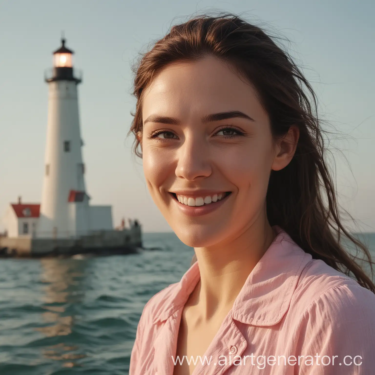 European-Woman-Smiling-by-Lighthouse-in-Pastel-Colors