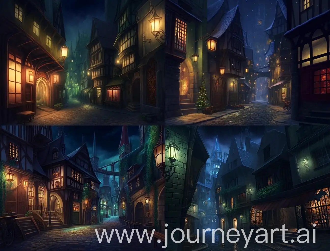 Medieval-Fantasy-City-Street-at-Night-with-Celebrating-People-and-Taverns