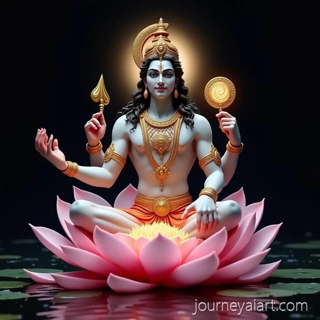 Lord-Vishnu-on-a-LotusLord-Vishnu-on-Lotus-in-a-Tranquil-Pond-with-Divine-Attributes