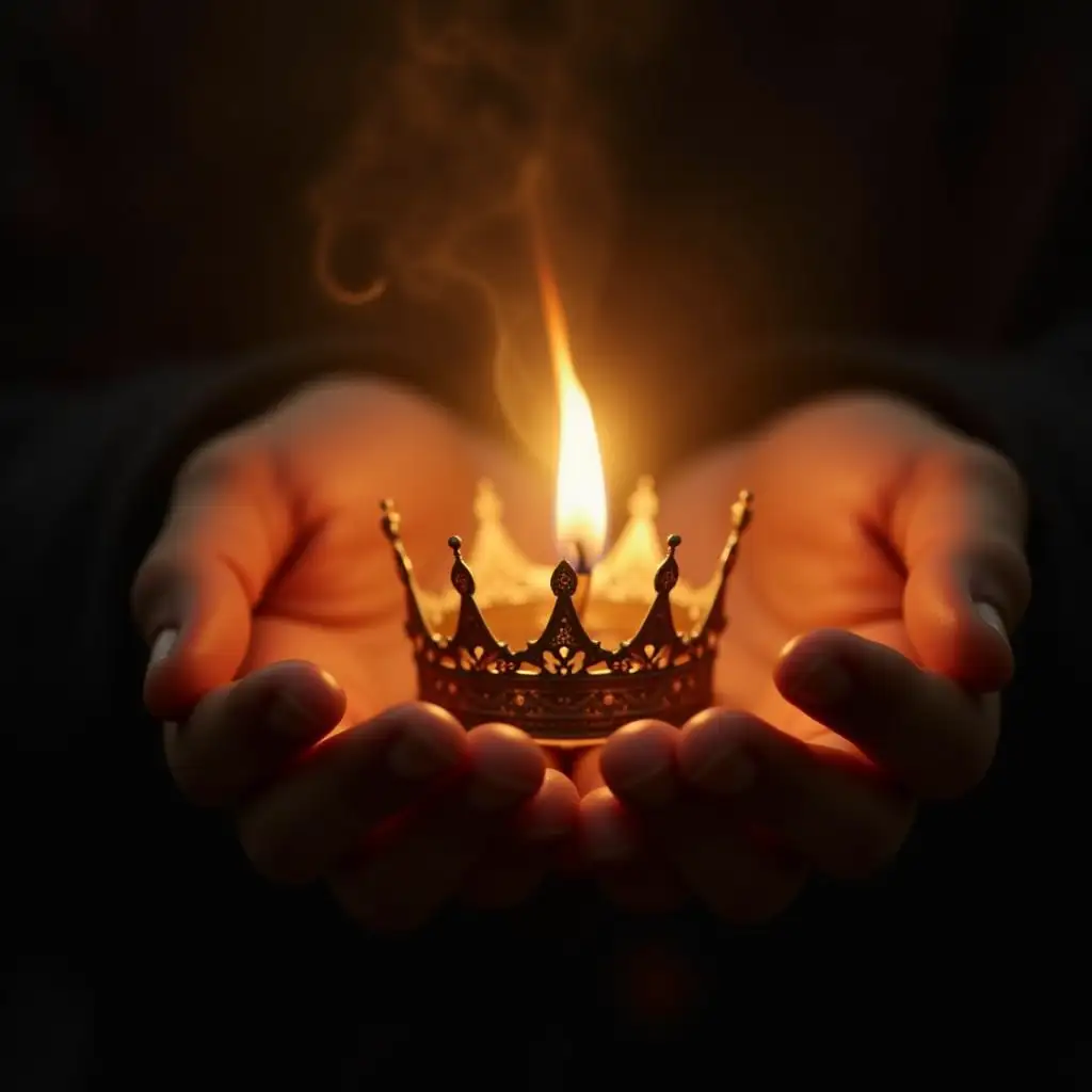 Closeup of Hands Holding Flame with Royal Crown and Scepter in Mystical Light