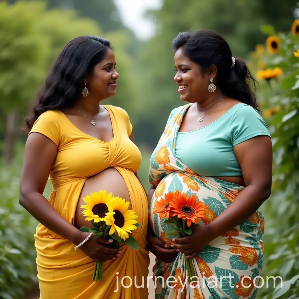 Pregnant-Sri-Lankan-Women-in-Sunflower-and-Floral-Saris-Holding-Bouquets-Under-Garden-Lights
