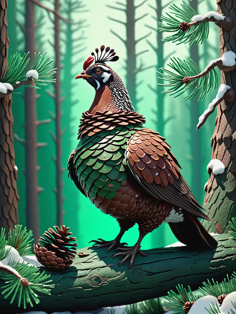 Pinecone Grouse Nestled on a Pine Branch in a Fantasy World