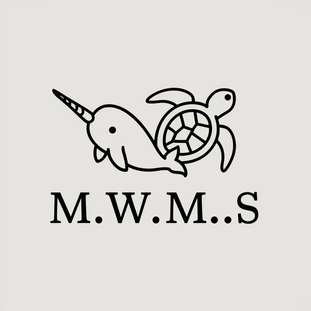 a vector logo design,with the text "M.W.M.S", main symbol:Narwhal, sea turtle,Minimalistic,be used in Retail industry,clear background