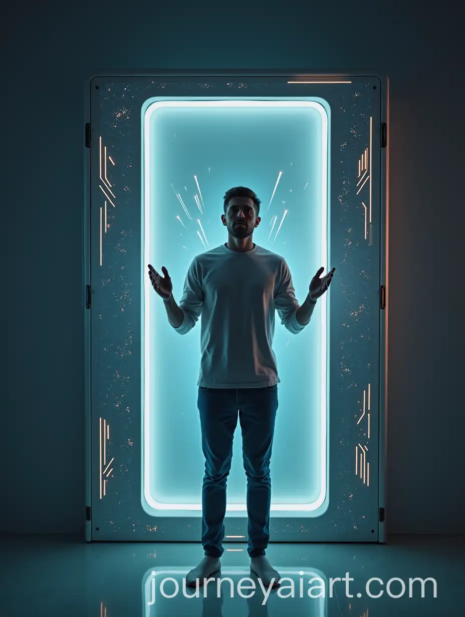 Futuristic-Man-Recharging-at-Illuminated-Wall-with-Advanced-Technology
