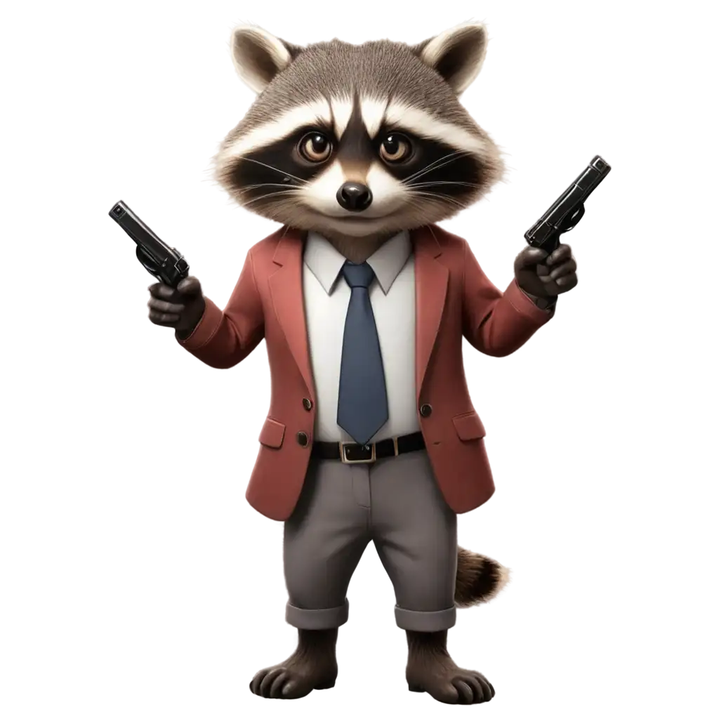 Cartoon rich raccoon in clothes with a gun