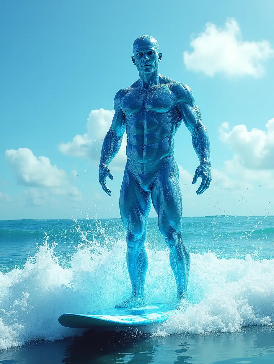 A ocean water made super villain that resembles the silver surfer but made out of water in a water made surfboard comic book style in