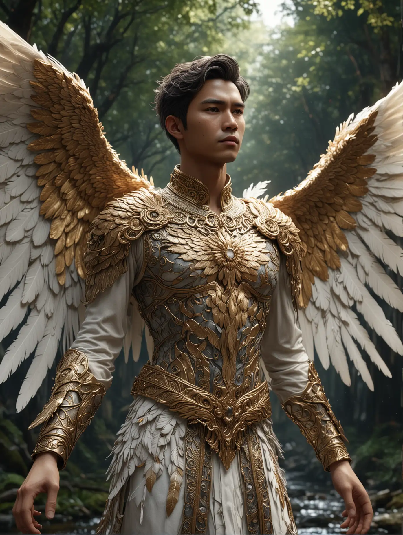 "magnificent detailed angel wings, wings outstretched with gold tips on feathers, intricate ornate marble and bone interwoven and spiraling patterns, final fantasy style, man (indonesian) wearing translucent feather shirt, cinematic lighting, atmospheric, hyper detailed, photorealistic, 8k, Unreal engine 5, stan Winston studio, 3:4" /SECOND PROMPT/ "Hyper realistic, splash art, concept art, mid shot, intricately detailed, color depth,  dramatic, front body view, river forest background" (proportional fingers) (realistic perspectives)