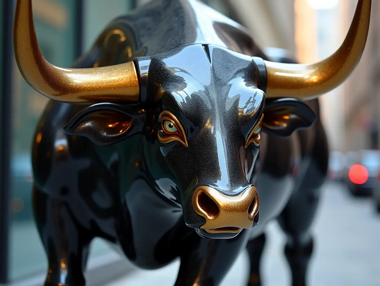 Angular-Futuristic-Robot-Bull-Sculpture-on-Wall-Street-in-Miami-with-Golden-Accents