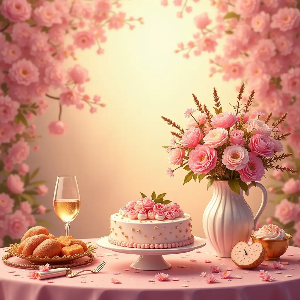 A beautiful postcardnVector imagenAbundant festive tablenCake in the foregroundnFlowers in a vasenLots of delicious foodnPink, pearly, golden colorsnHappiness, joy, success, wealth