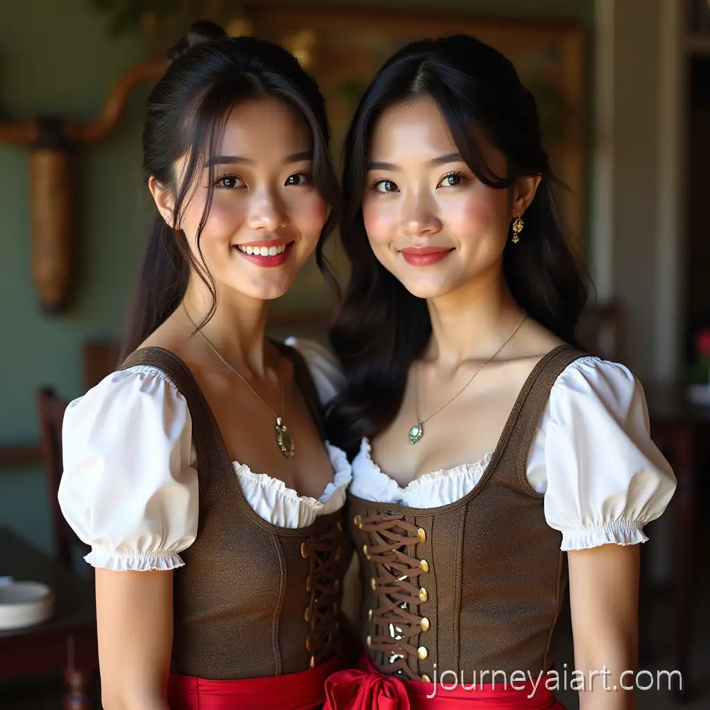 Two-Asian-Women-Wearing-Traditional-Bavarian-Dirndl-Dresses-in-Realistic-Portrait