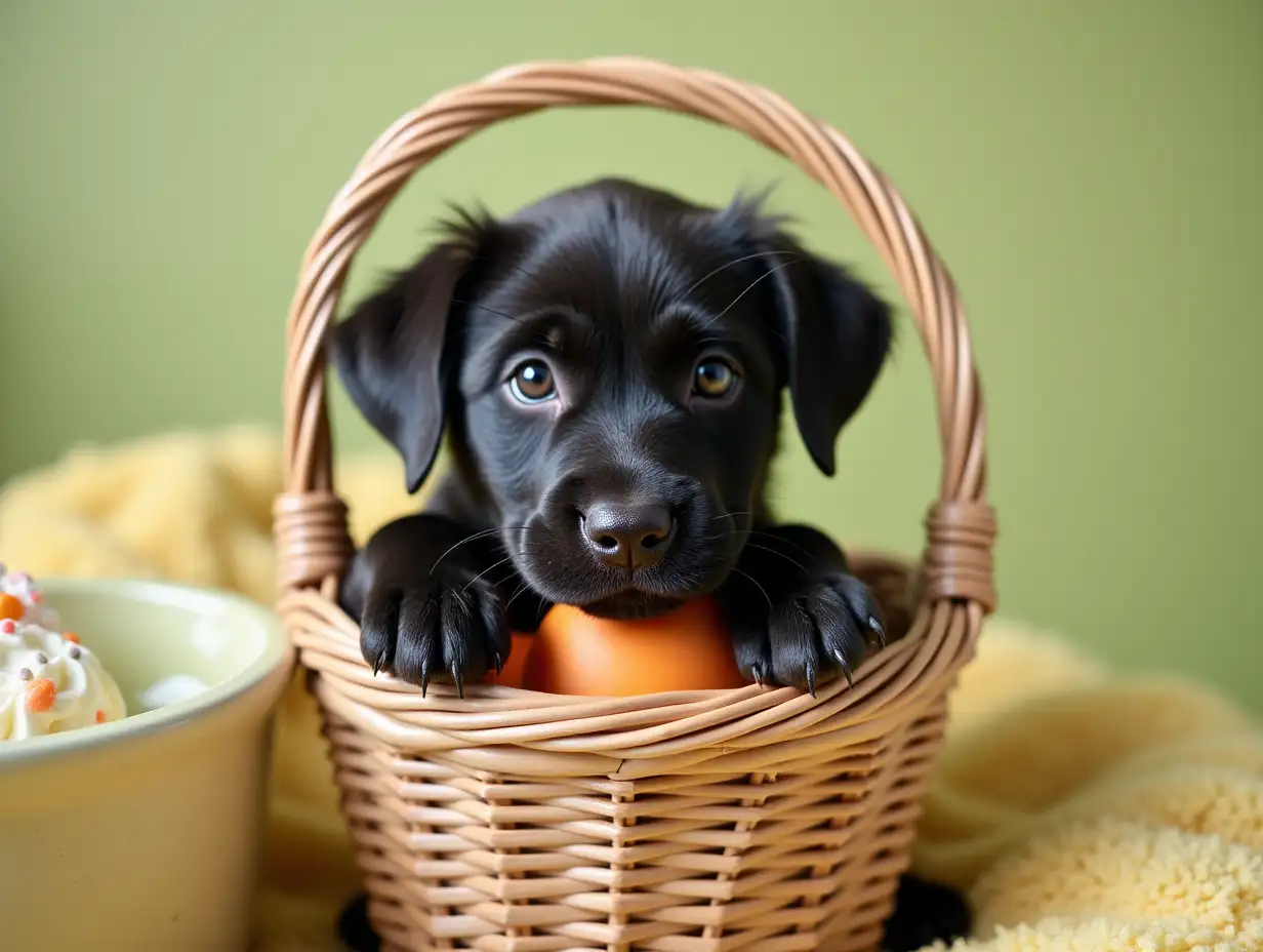 a photo of a black labrador puppy with a birthday basket