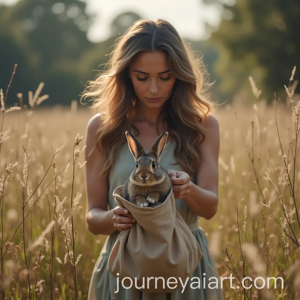 Woman-Capturing-Wild-Rabbit-and-Placing-It-in-a-Bag