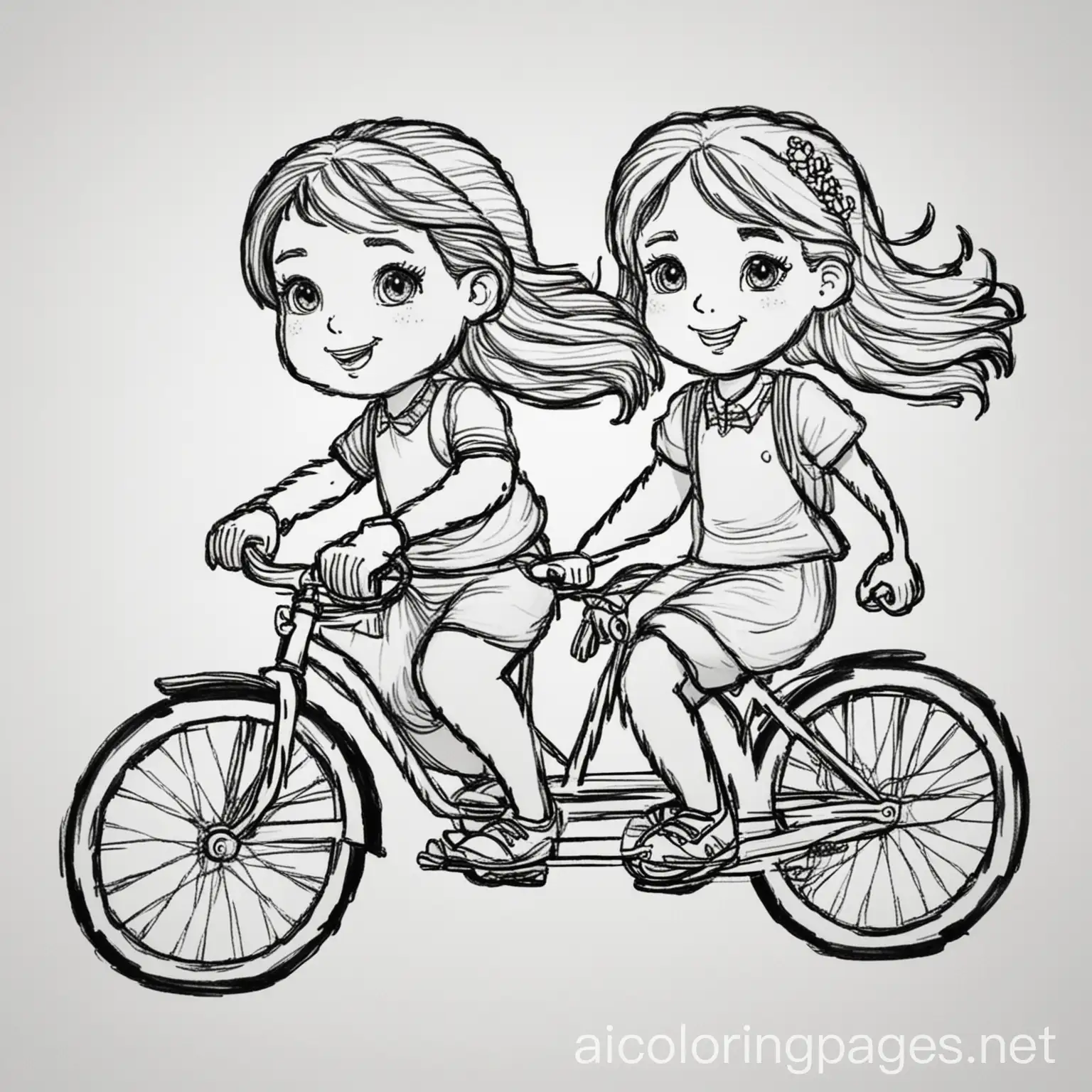 two girl bicycle, Coloring Page, black and white, line art, white background, Simplicity, Ample White Space. The background of the coloring page is plain white to make it easy for young children to color within the lines. The outlines of all the subjects are easy to distinguish, making it simple for kids to color without too much difficulty
