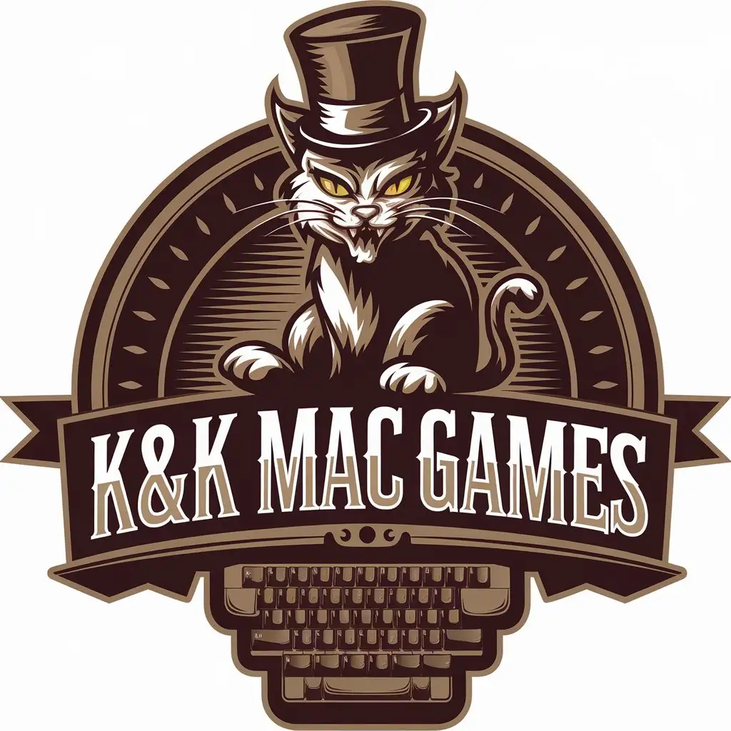 a vector logo design,with the text "K&K MAC Games", main symbol:Evil cat on keyboard,complex,be used in Internet industry,clear background