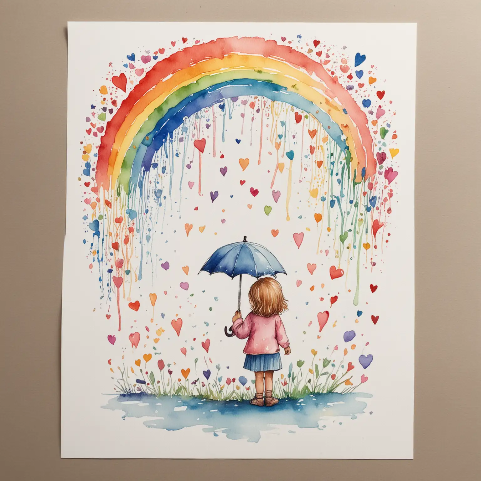 Child Holding Umbrella with Rainbow Ribbons and Hearts