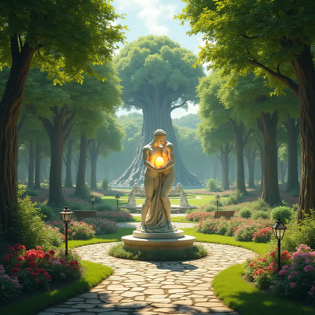 Serene-Medieval-Fantasy-Park-with-Marble-Statue-and-Radiant-Vines