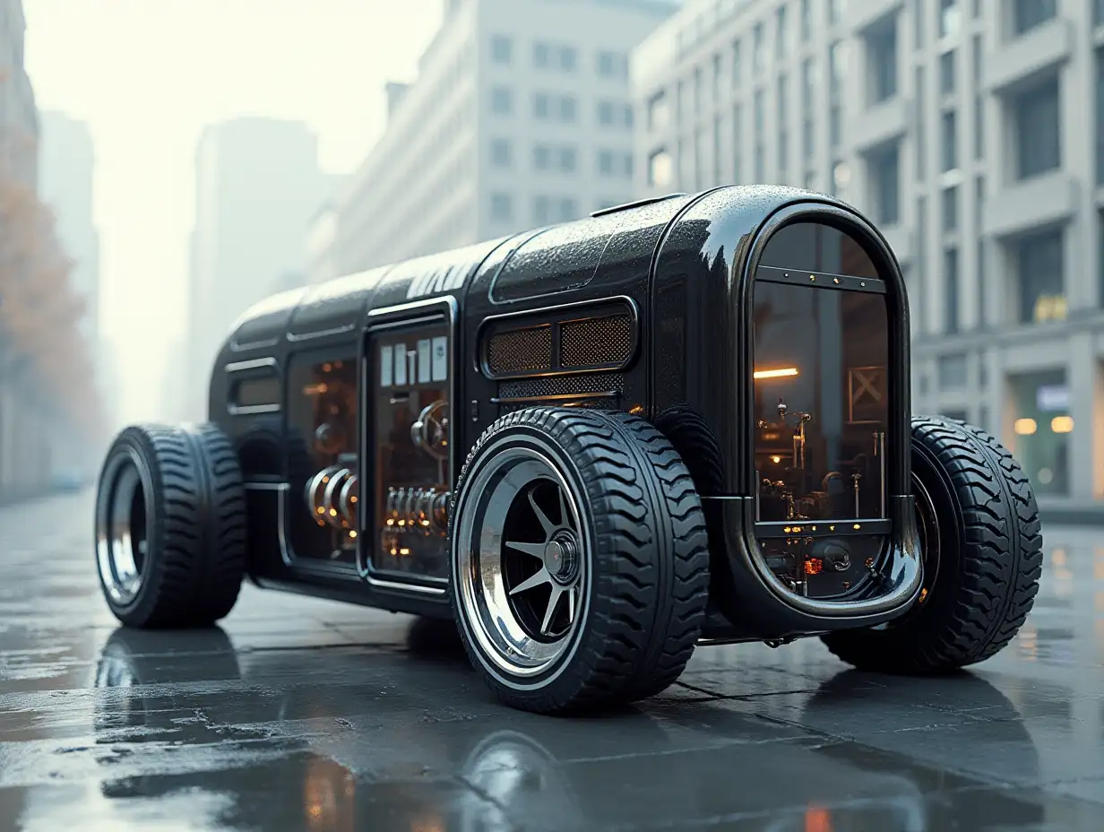 A supermodern utopian sportomnibus with gears, aluminum wheels, wide tires, black and white ,and silver colors,utopian, silver-black striped, chrome-wheels, Cyberpunk