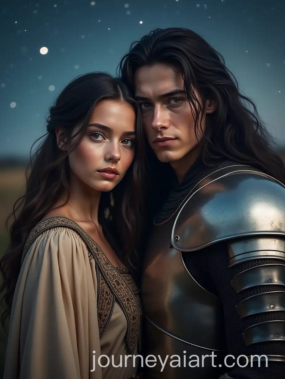 Celtic-Clan-Woman-and-Medieval-Soldier-Under-Starlit-Sky