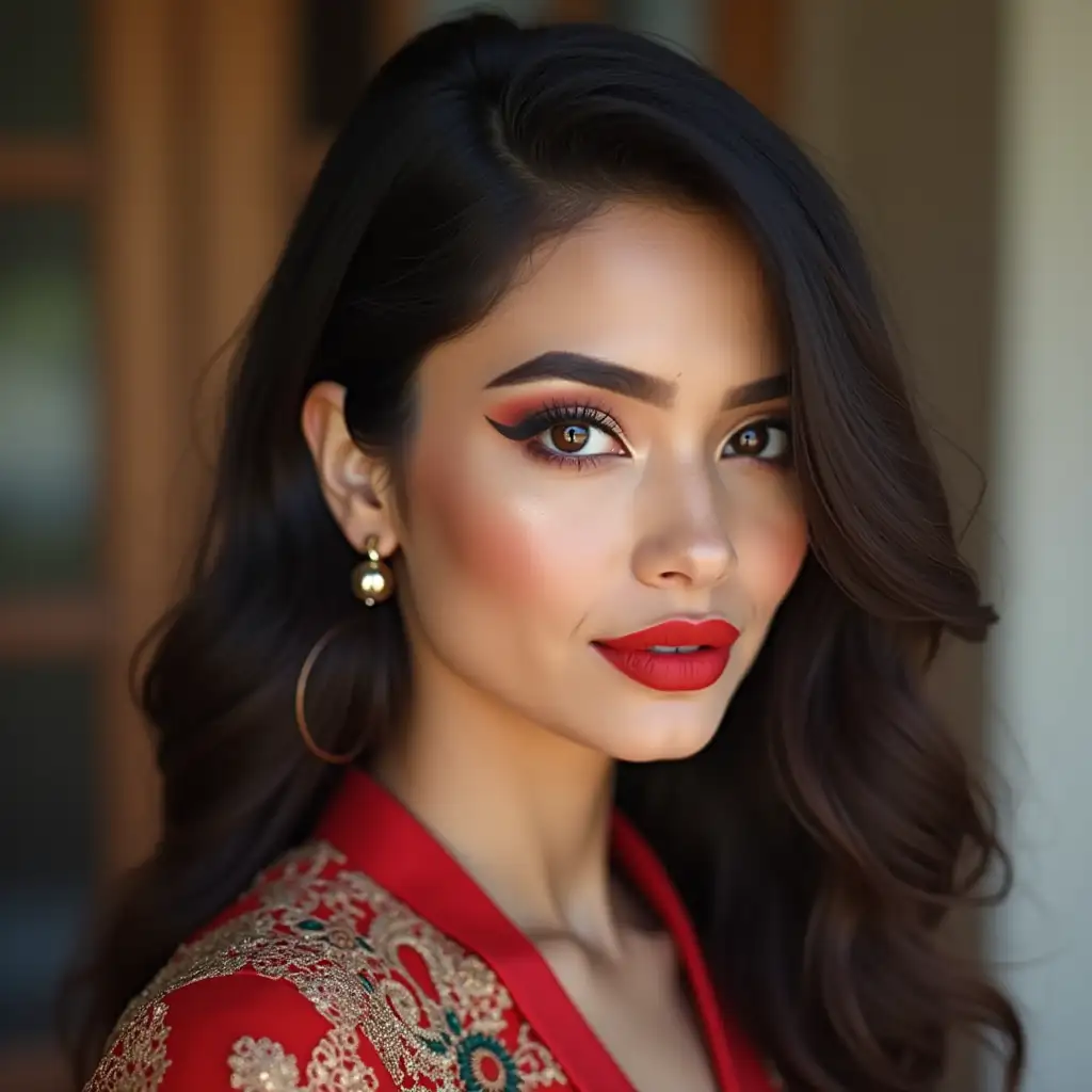 Modern-Indian-Model-in-Cute-Librarian-Costume-with-Bold-Red-Lipstick