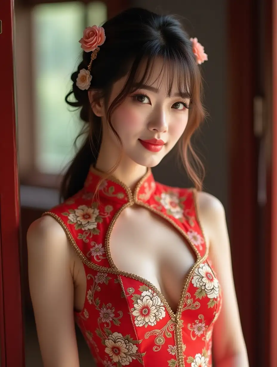 Young-Woman-in-Alluring-Cheongsam-with-Wedding-Braid-and-Headpiece