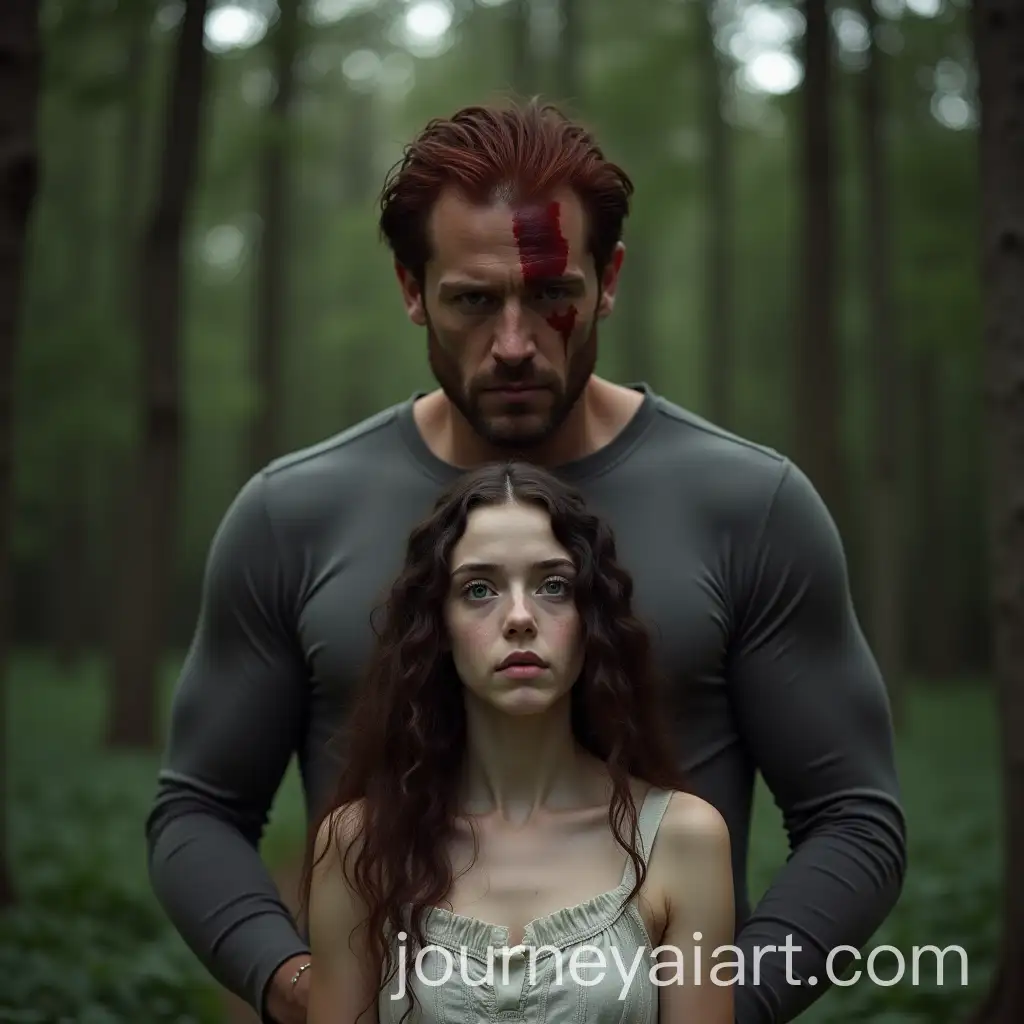 AI-Art-Prompt-ExpansionTall-Muscular-Man-with-Large-Scar-and-Young-Woman-in-a-Forest-Setting
