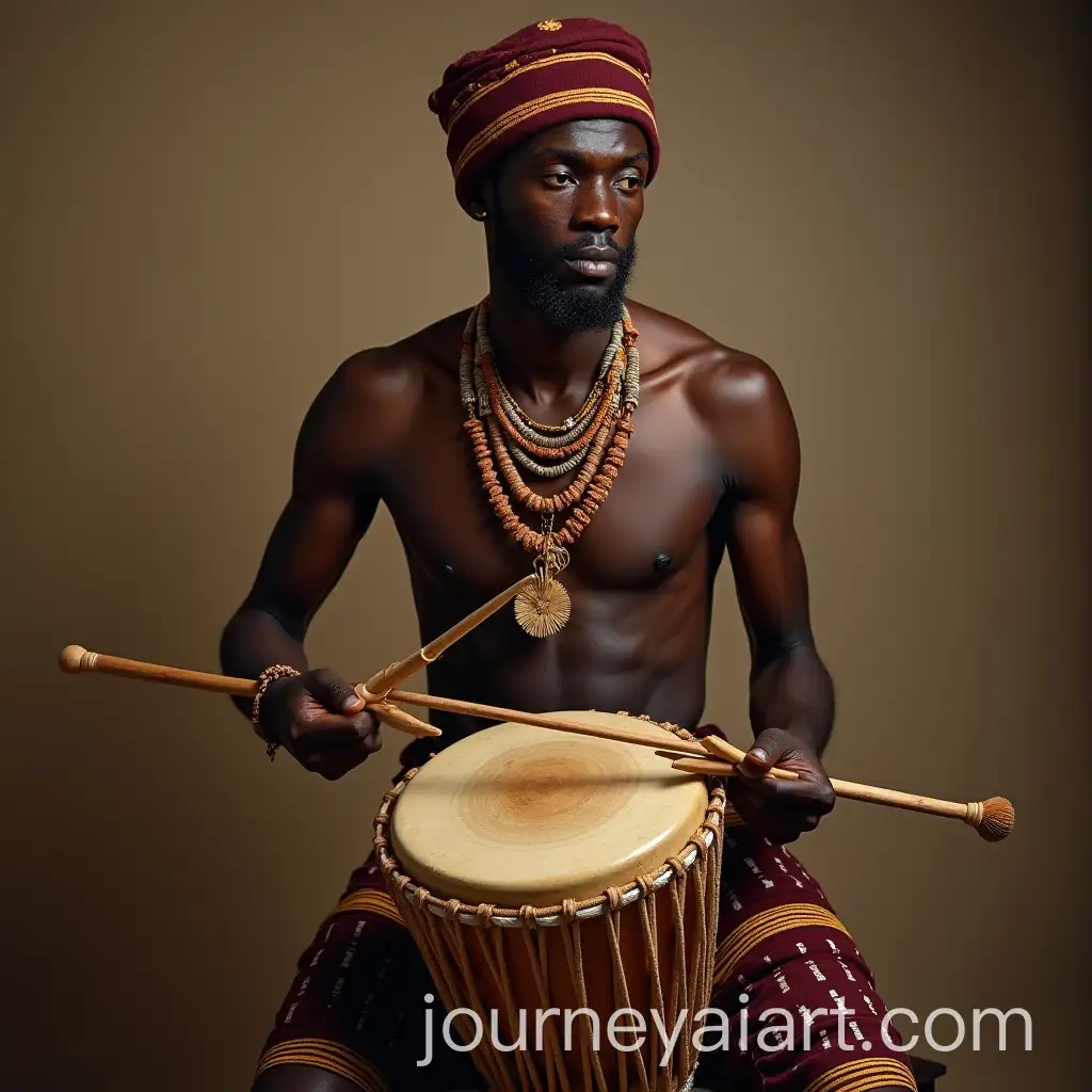 Man-Playing-Traditional-Nigerian-Bata-Drum-with-Sticks