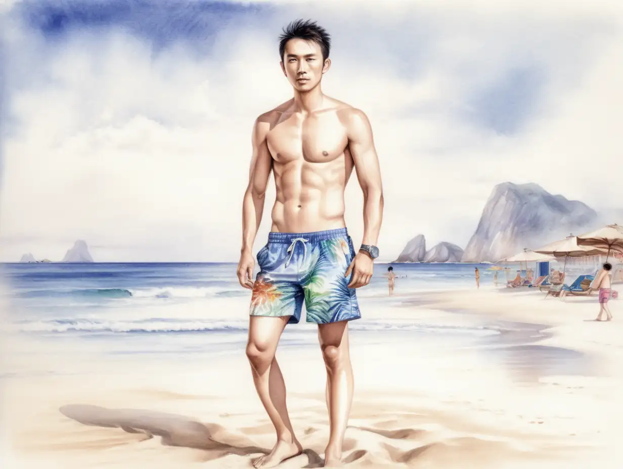 Ruggedly-Handsome-Oriental-Male-in-Beach-Shorts-Watercolor-Ink-Style