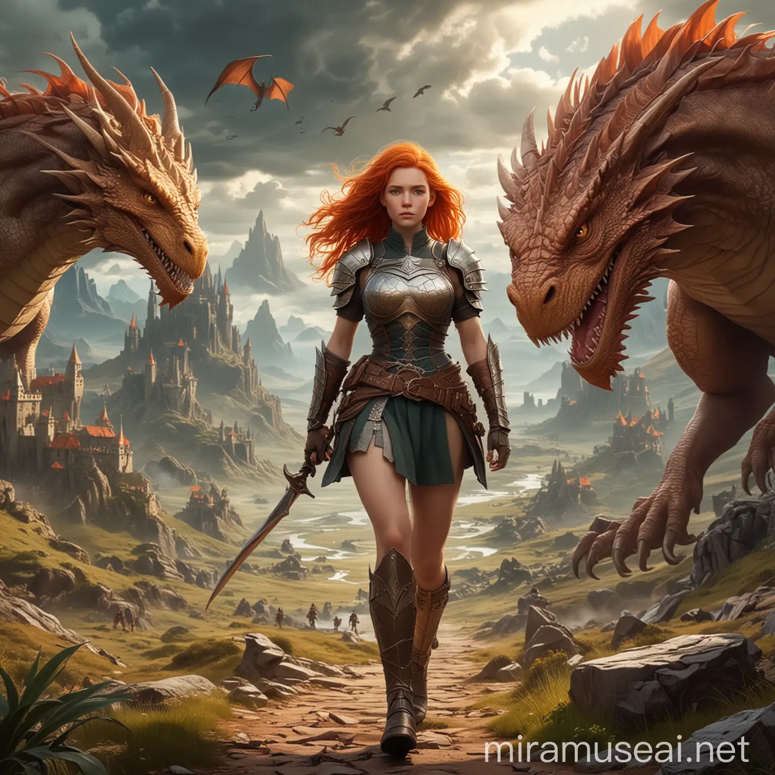 Brave Female Hero Walking in Fantasy Kingdom with Dragons