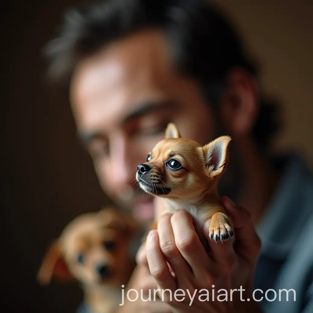Tiny-Dog-Hugging-a-Mans-Finger-in-Portrait-with-Strong-Color-Contrast