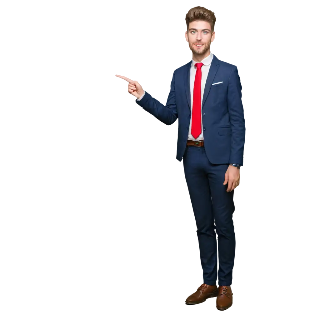 A office boy in suit stand straight with great personality pointing on his right side to an advertising