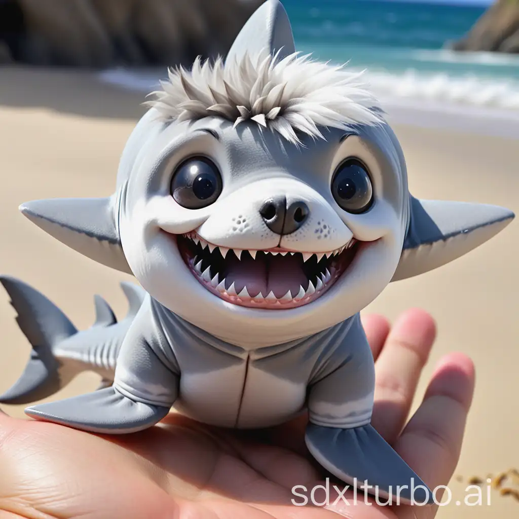 A small creature that combined the cute features of a shark and a dog, its body color is gray white interlaced, with fluffy dog hair on it. Its head looks like a round and shiny little shark head, you can't see its mouth when it's not open, there is only one small shark fin on its back, four soft rounded paws like a little dog, and a small shark tail.