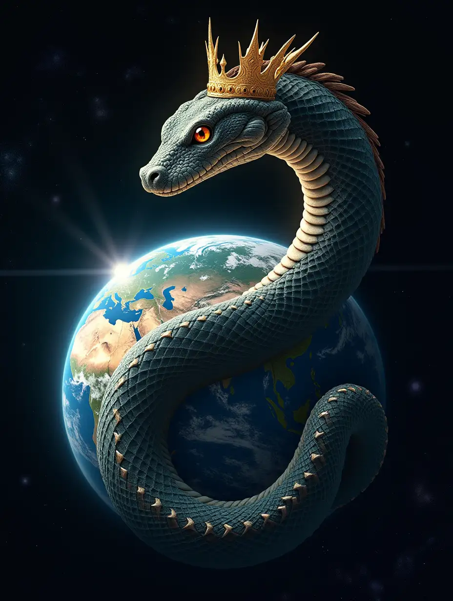 a huge space snake with a crown on its head, coiled around planet Earth and winking at viewers. Fantastic art style.