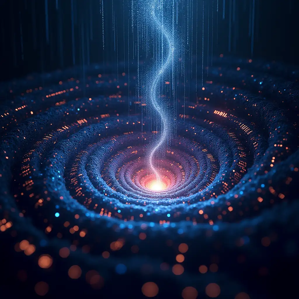 A swirling vortex of glowing data streams representing cryptocurrency, with binary code raining down, in a futuristic, abstract style, trending on artstation, 8k resolution, highly detailed.