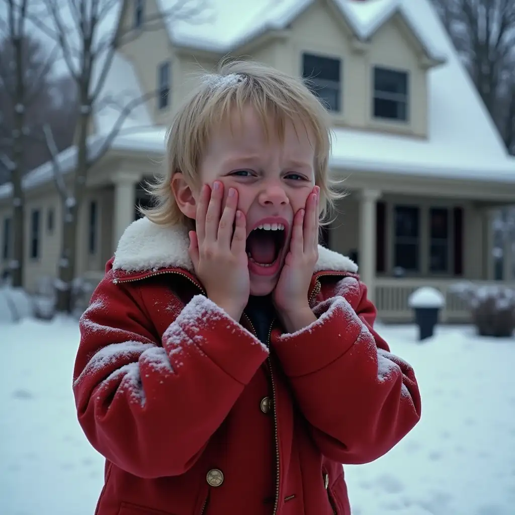 Kevin McCallister (Macaulay Culkin) screaming with hands on cheeks in front of a snow-covered house rigged with traps.