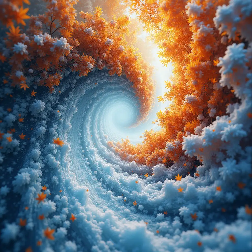 Abstract concept art, symbolism, surrealism, fractalization. Whirlwind of two elements, autumn leaves + snowflakes and ice floes, warm autumn colors mixed with the cold whiteness of winter. Surreal swirl. Cryengine render, ultra-sharp painting, extreme high quality art, 4k 8k. Bright, contrasting, magical